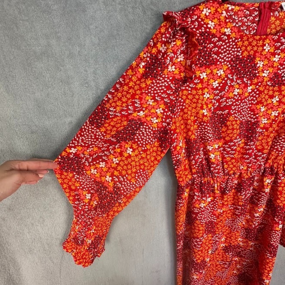 Never Fully Dressed Dress Womens 10 Orange Red Floral Long Sleeve Midi Chic Boho - Picture 5 of 15